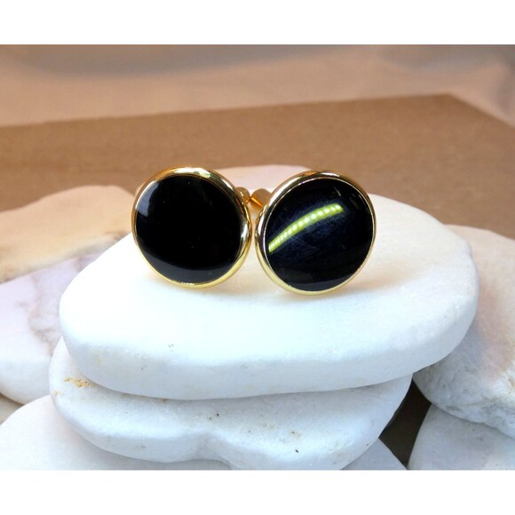 VTG  10k Yellow Gold Plated Black Onyx Cufflinks Mid Century - Picture 1 of 5